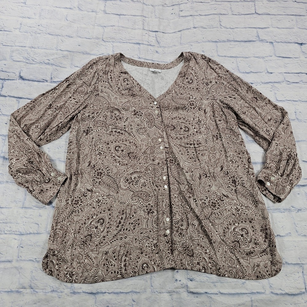 Pure Jill Paisley Button Front Top Womens L Brown EcoVero Viscose Boho V-Neck